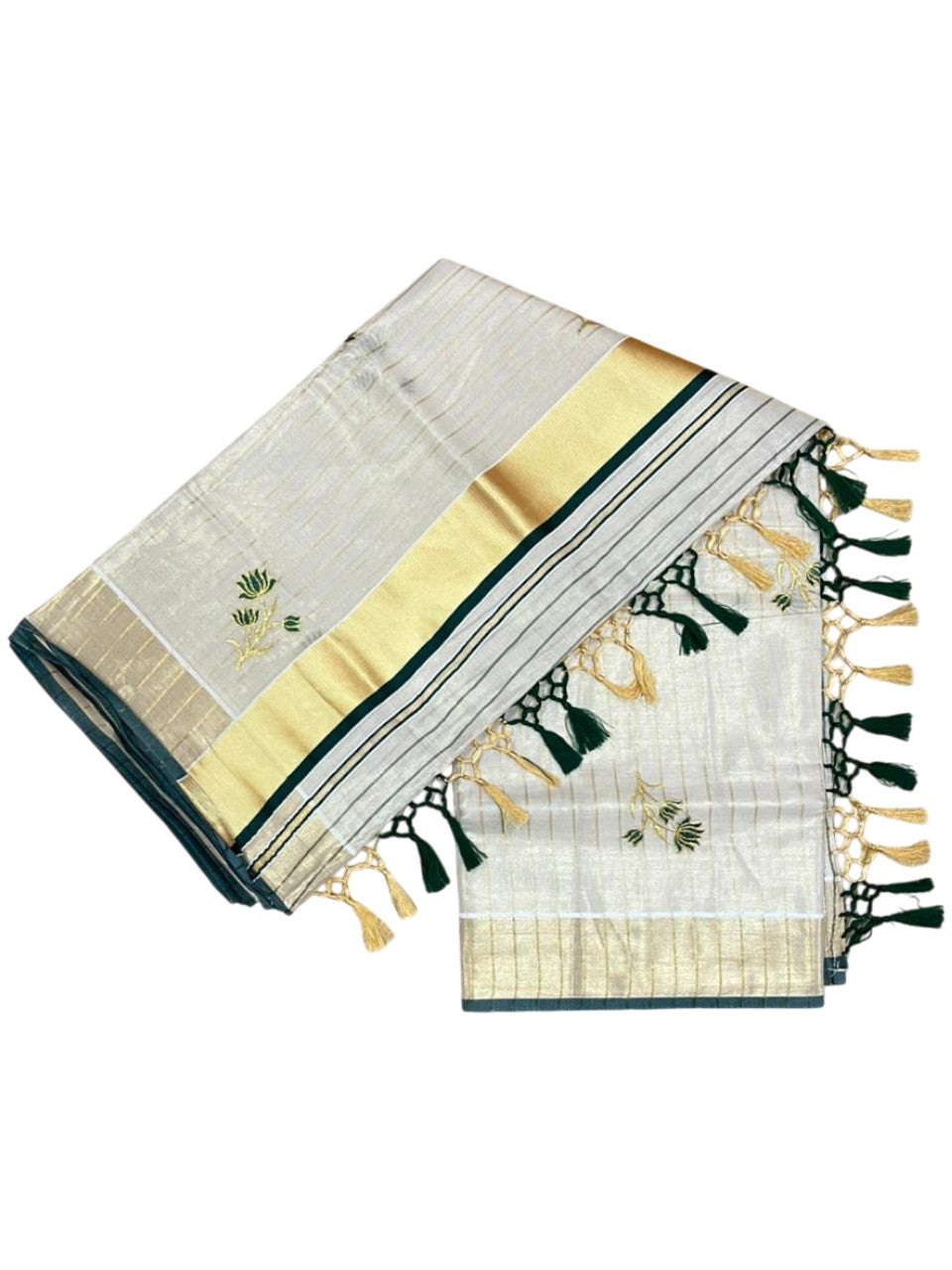 Kerala Tissue Saree With Green Floral Embroidery Design In SL249