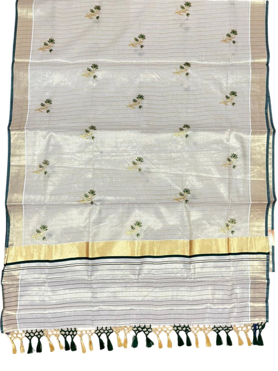 Kerala Tissue Saree With Green Floral Embroidery Design In SL249