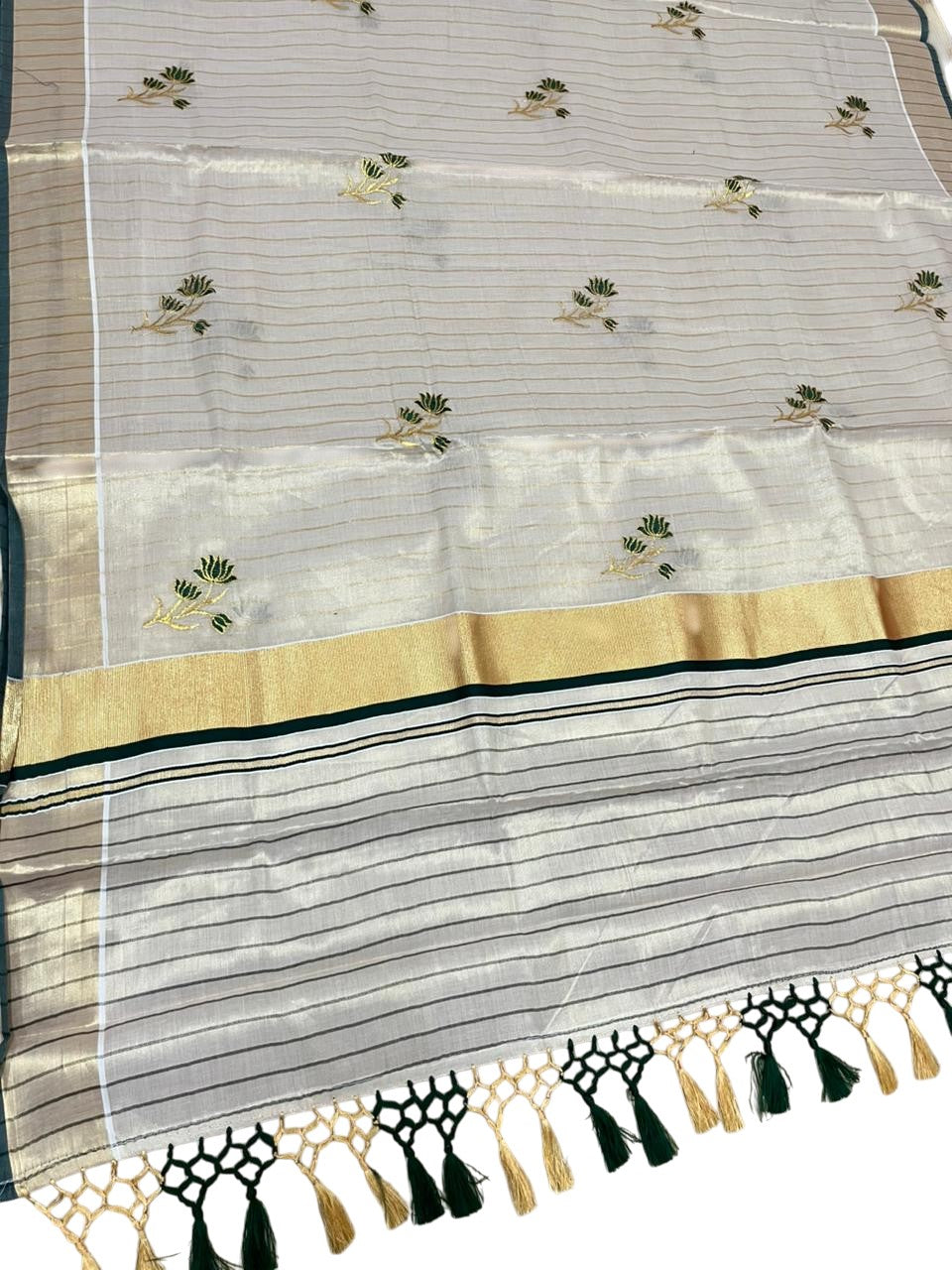 Kerala Tissue Saree With Green Floral Embroidery Design In SL249