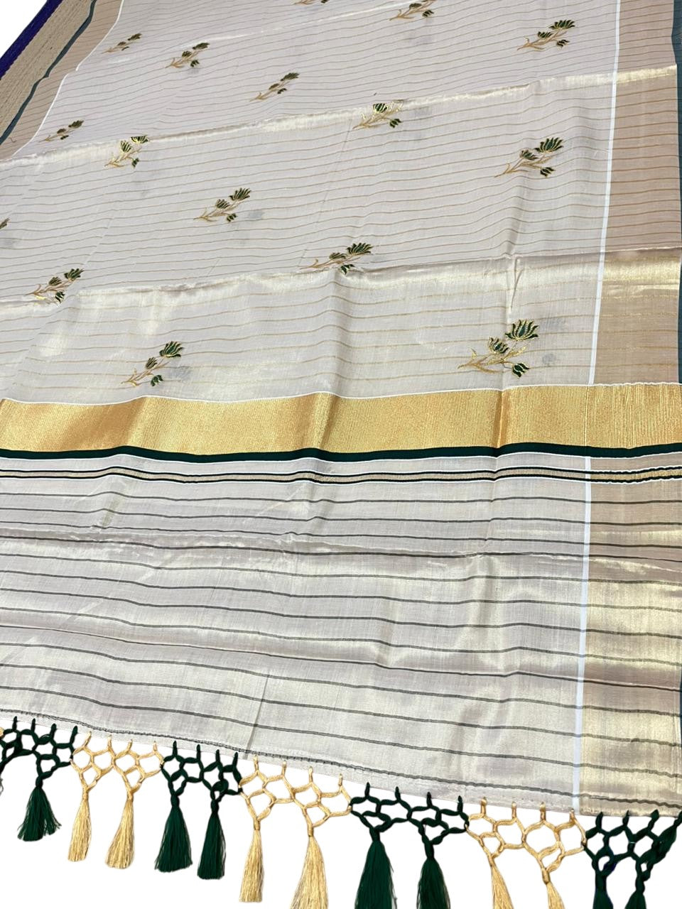 Kerala Tissue Saree With Green Floral Embroidery Design In SL249