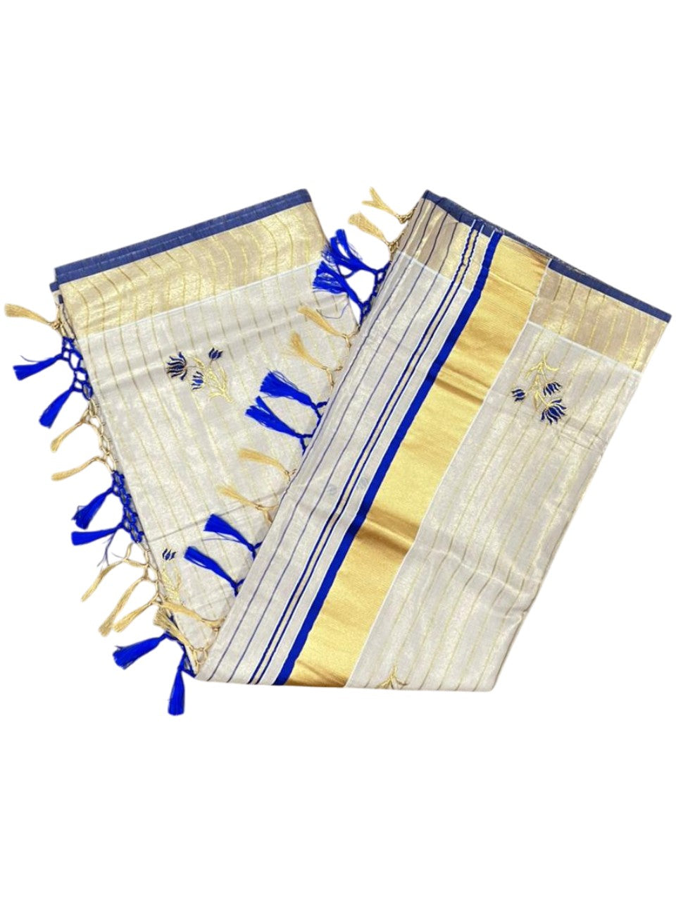 Kerala Tissue Saree With Blue Floral Embroidery Design In SL249