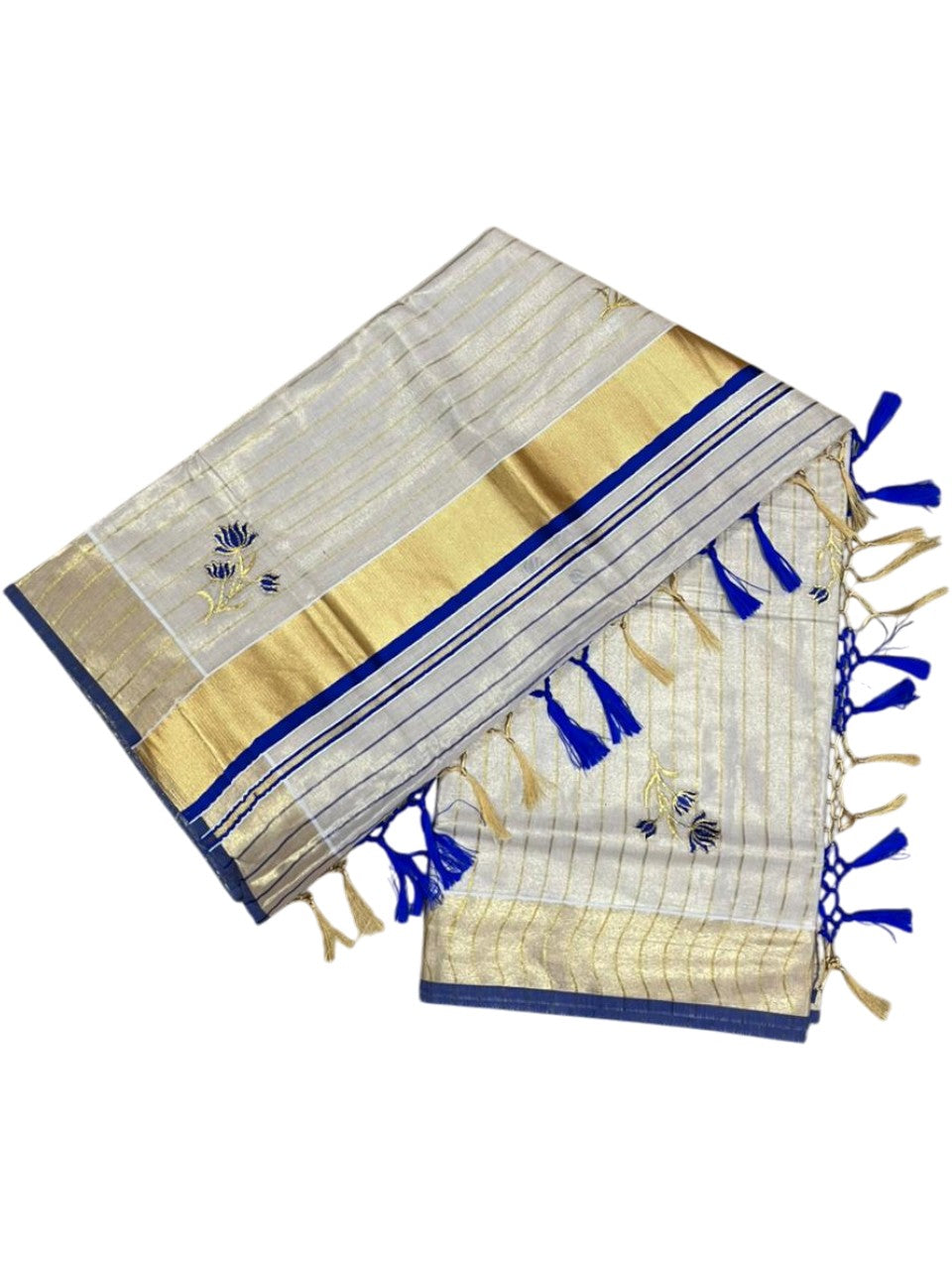 Kerala Tissue Saree With Blue Floral Embroidery Design In SL249