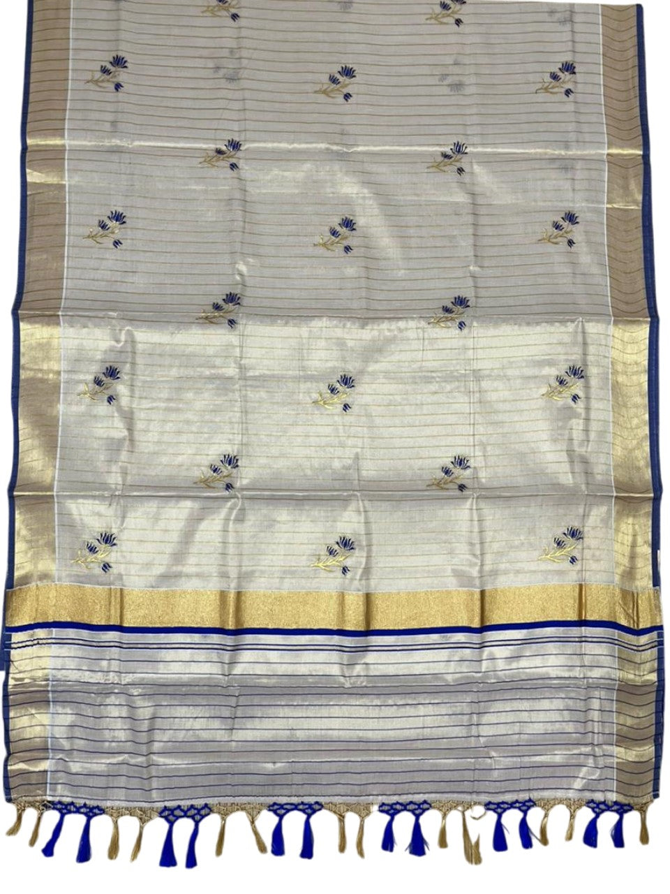 Kerala Tissue Saree With Blue Floral Embroidery Design In SL249