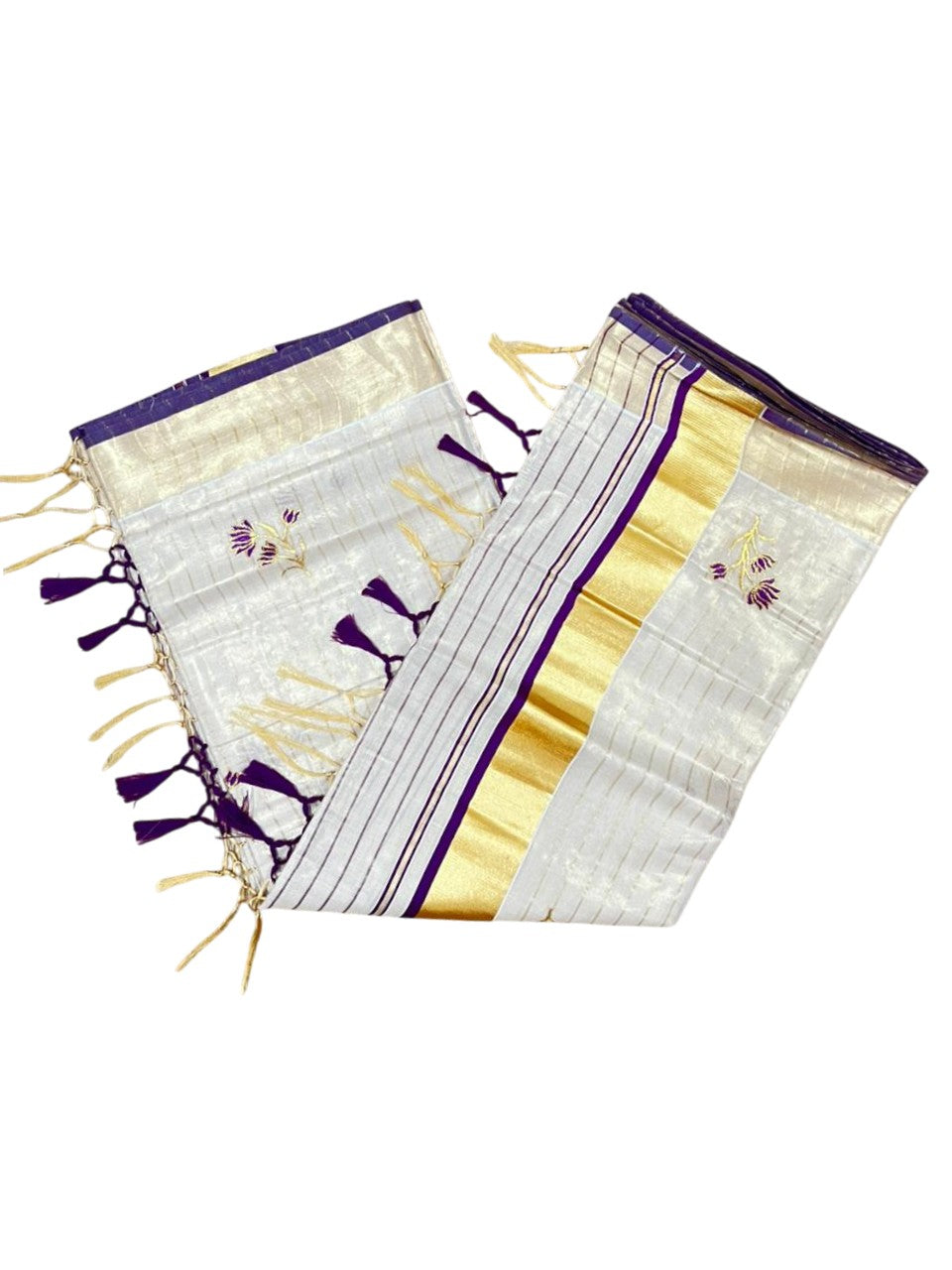 Kerala Tissue Saree With Violet Floral Embroidery Design In  SL249