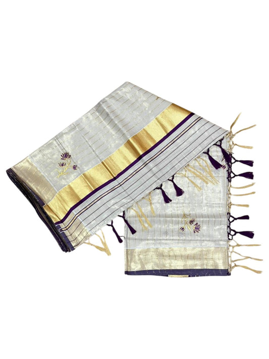 Kerala Tissue Saree With Violet Floral Embroidery Design In  SL249