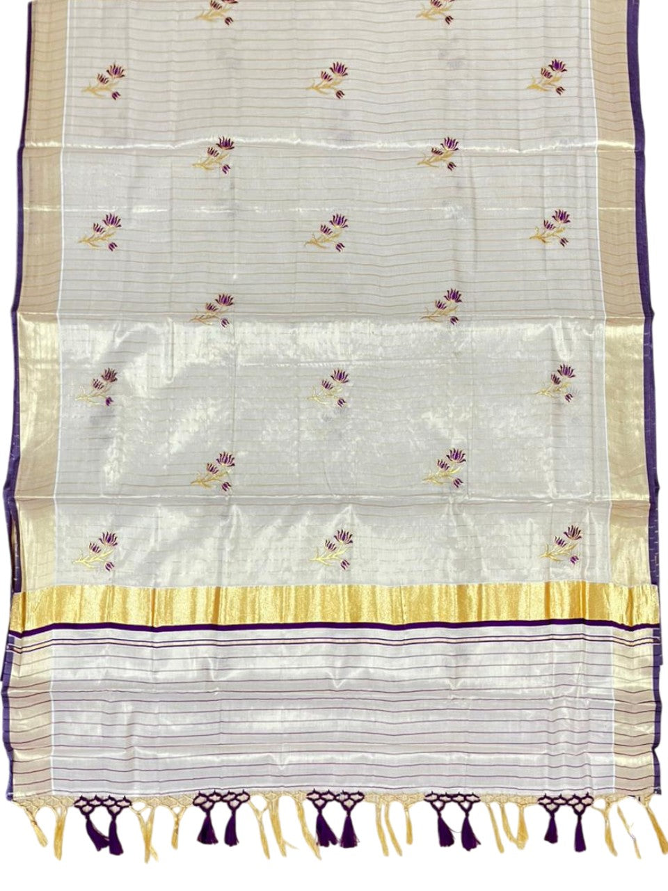 Kerala Tissue Saree With Violet Floral Embroidery Design In  SL249