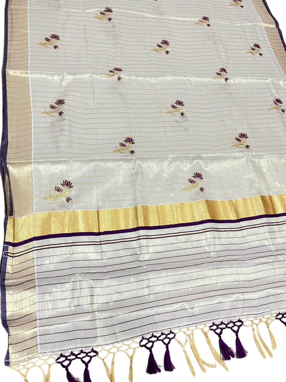 Kerala Tissue Saree With Violet Floral Embroidery Design In  SL249