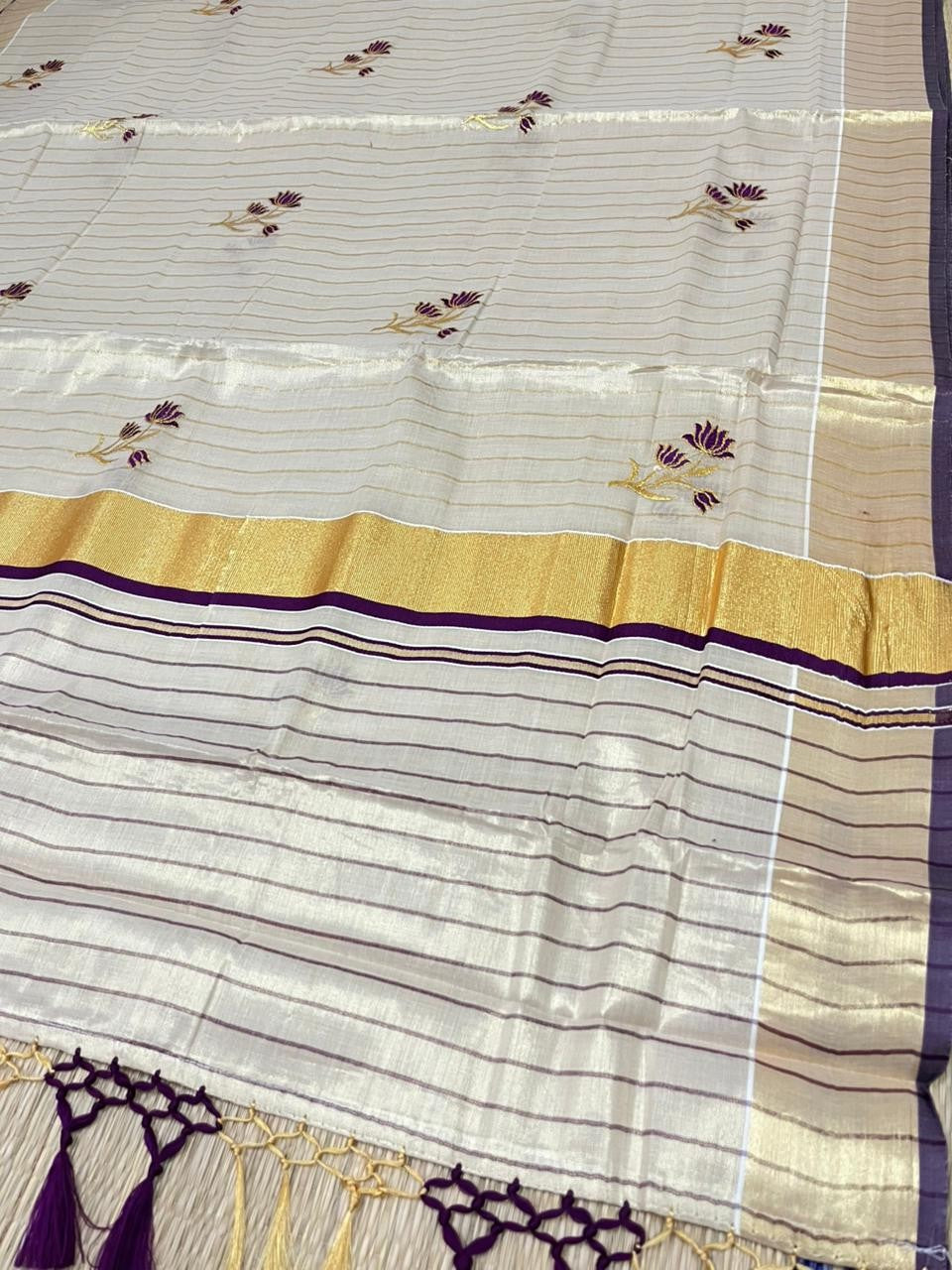 Kerala Tissue Saree With Violet Floral Embroidery Design In  SL249