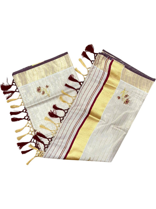 Kerala Tissue Saree With Maroon  Floral Embroidery Design In SL249