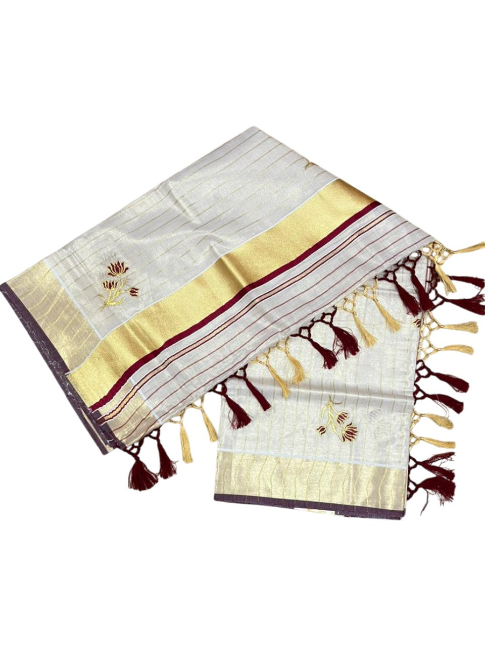 Kerala Tissue Saree With Maroon  Floral Embroidery Design In SL249