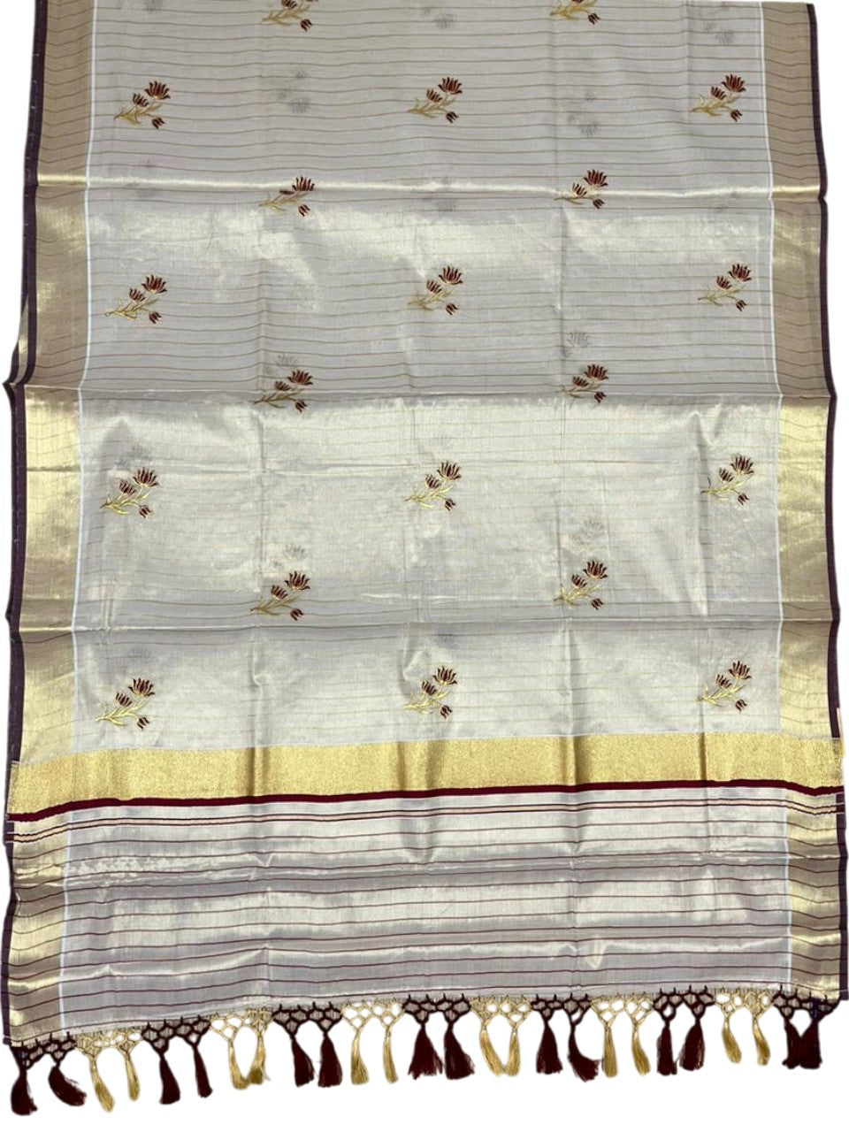 Kerala Tissue Saree With Maroon  Floral Embroidery Design In SL249
