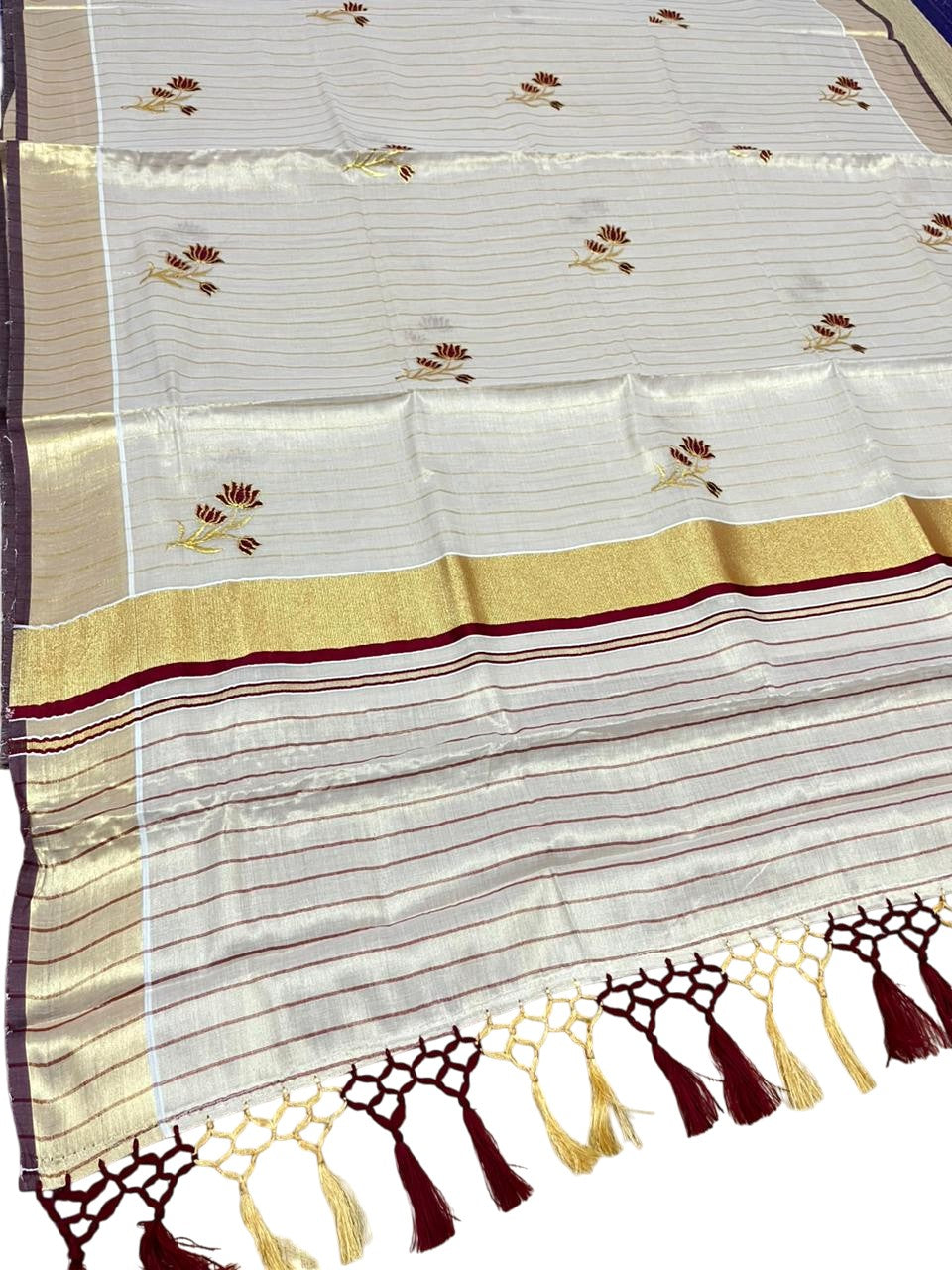Kerala Tissue Saree With Maroon  Floral Embroidery Design In SL249