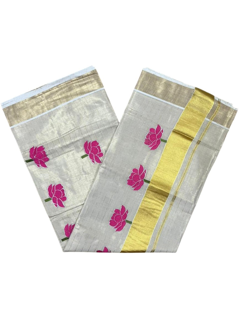 Southloom Kerala Tissue Kasavu Lines Saree with Pink Floral Embroidery Design on Body