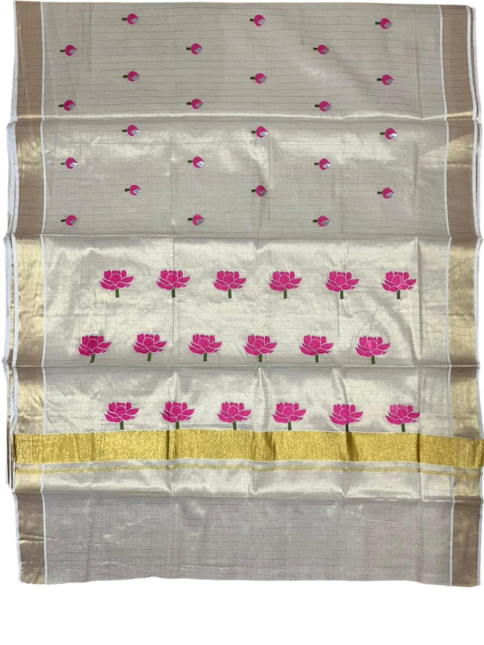 Southloom Kerala Tissue Kasavu Lines Saree with Pink Floral Embroidery Design on Body