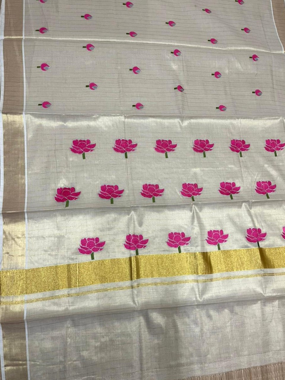 Southloom Kerala Tissue Kasavu Lines Saree with Pink Floral Embroidery Design on Body