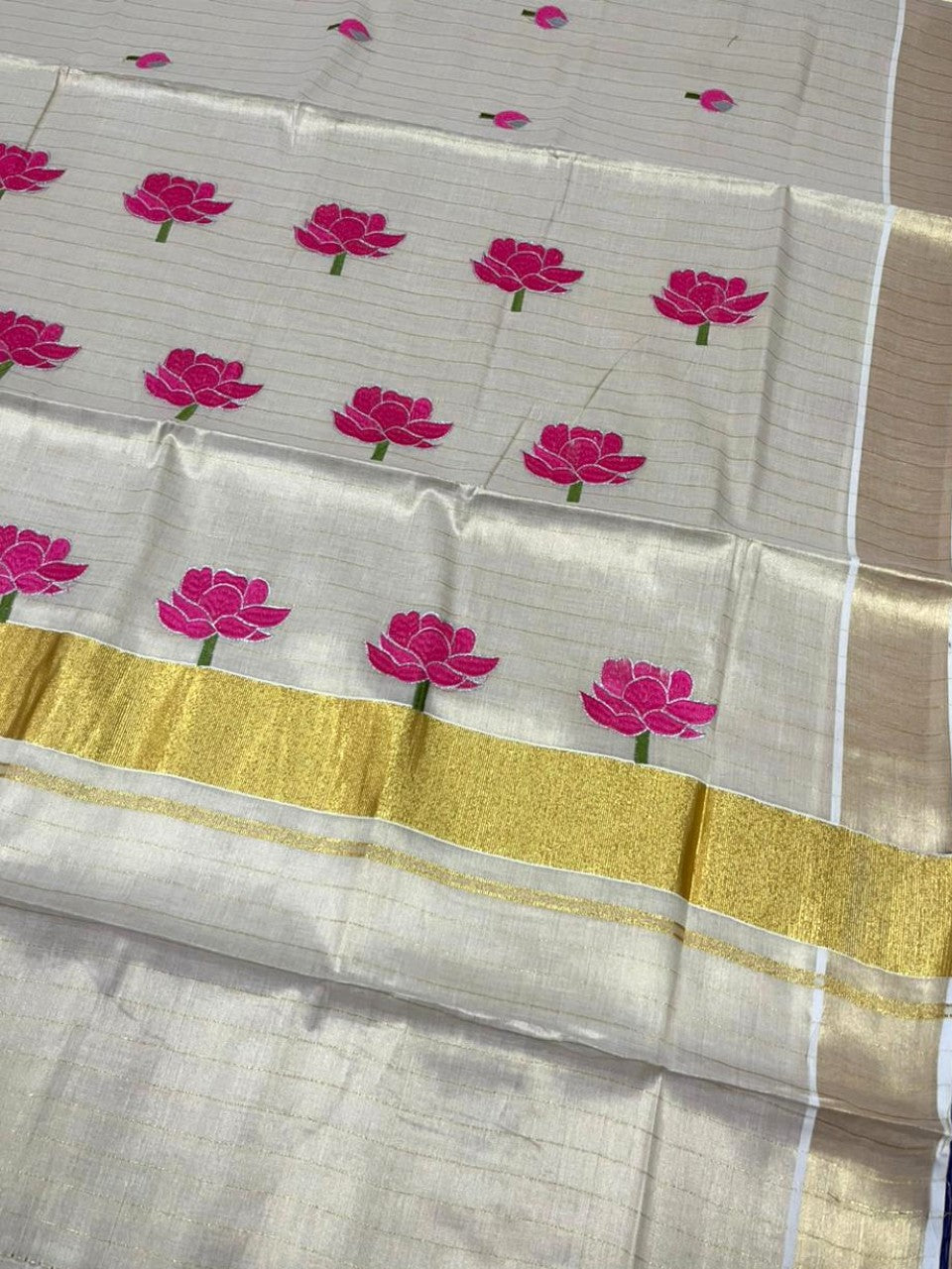Southloom Kerala Tissue Kasavu Lines Saree with Pink Floral Embroidery Design on Body