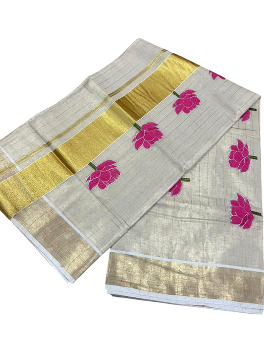 Southloom Kerala Tissue Kasavu Lines Saree with Pink Floral Embroidery Design on Body
