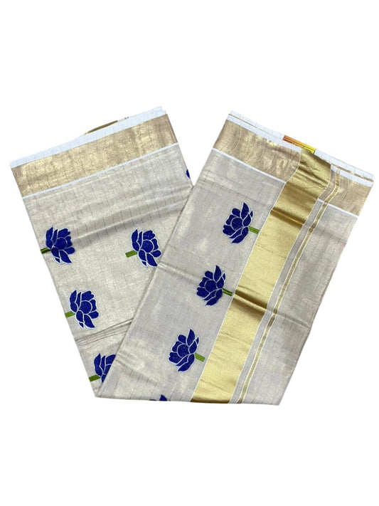 Southloom Kerala Tissue Kasavu Lines Saree with Blue Floral Embroidery Design on Body