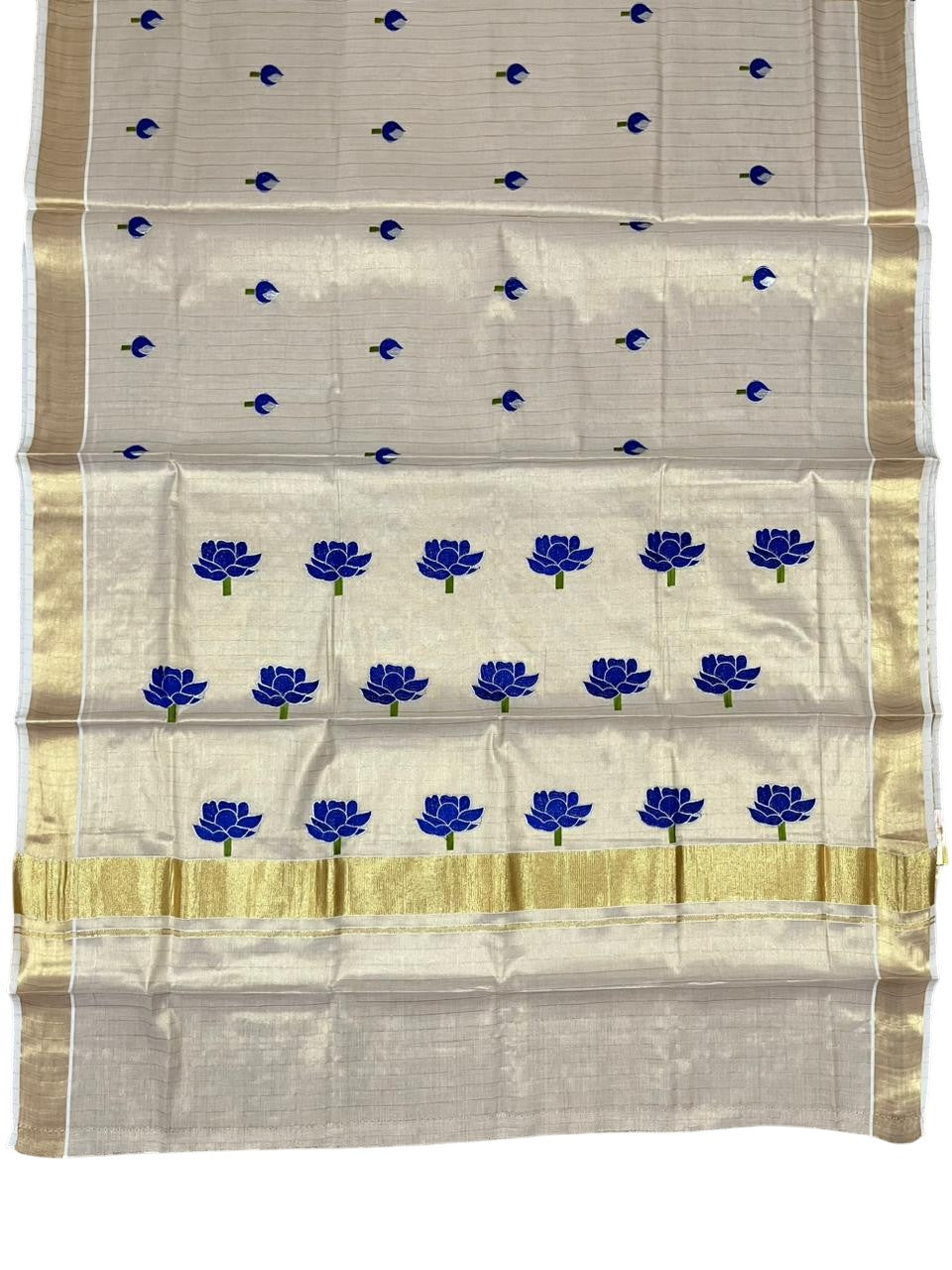 Southloom Kerala Tissue Kasavu Lines Saree with Blue Floral Embroidery Design on Body