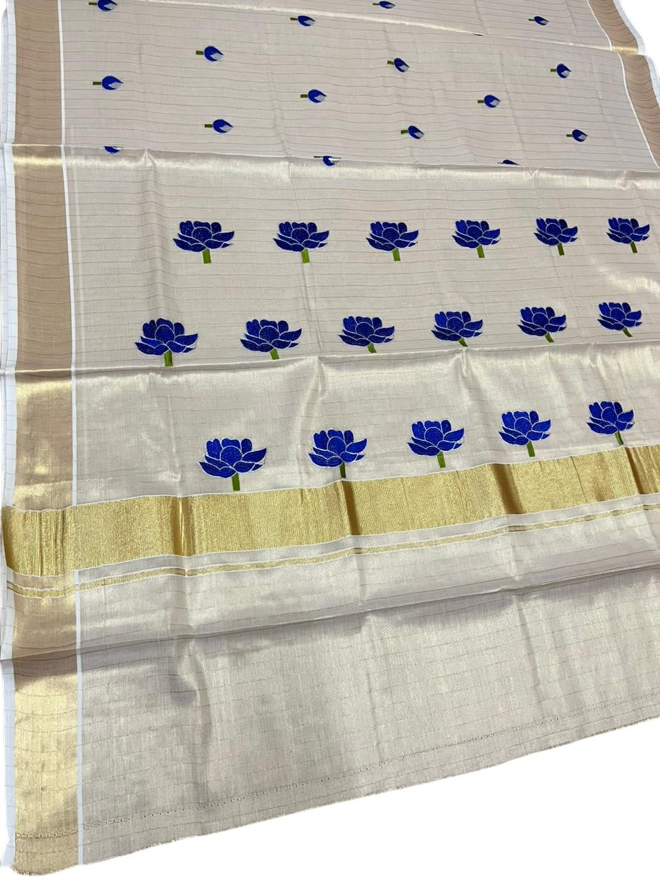 Southloom Kerala Tissue Kasavu Lines Saree with Blue Floral Embroidery Design on Body