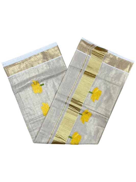 Southloom Kerala Tissue Kasavu Lines Saree with Yellow Floral Embroidery Design on Body