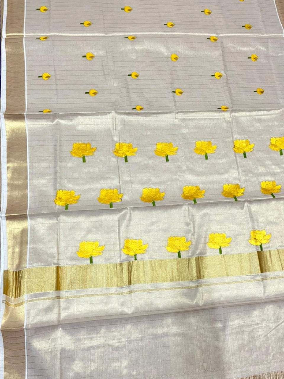 Southloom Kerala Tissue Kasavu Lines Saree with Yellow Floral Embroidery Design on Body