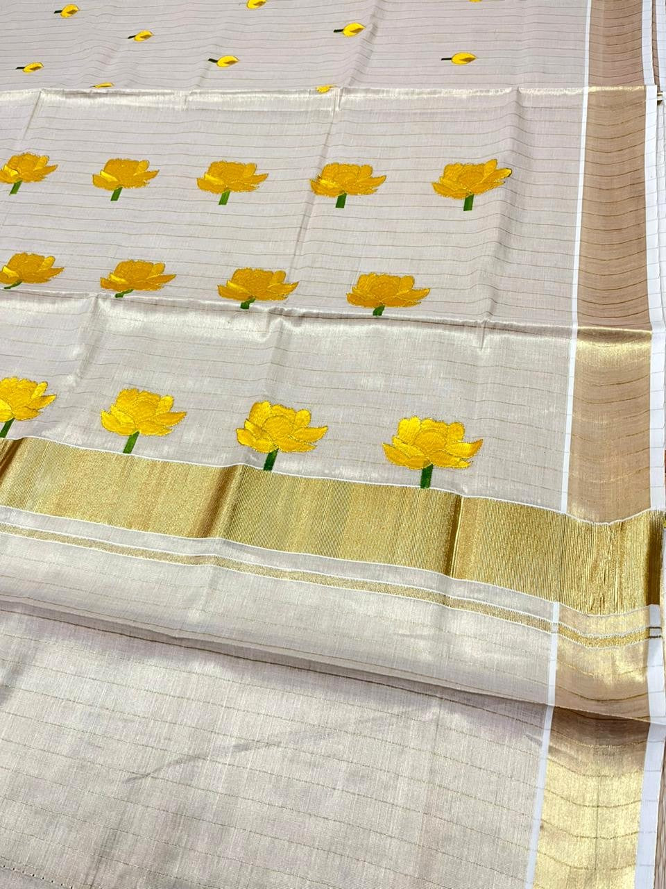 Southloom Kerala Tissue Kasavu Lines Saree with Yellow Floral Embroidery Design on Body