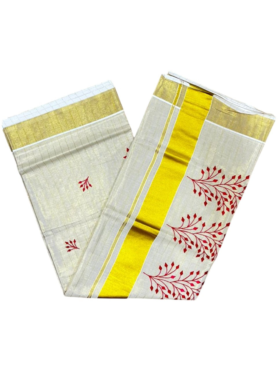 Southloom Kerala Tissue Kasavu Lines Saree with Red Floral Embroidery Design on Body