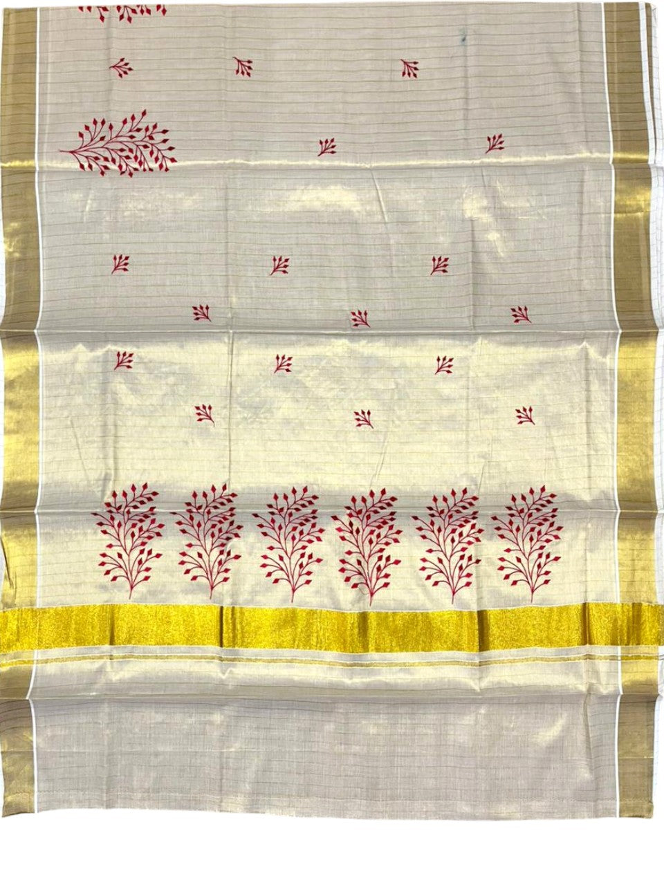 Southloom Kerala Tissue Kasavu Lines Saree with Red Floral Embroidery Design on Body