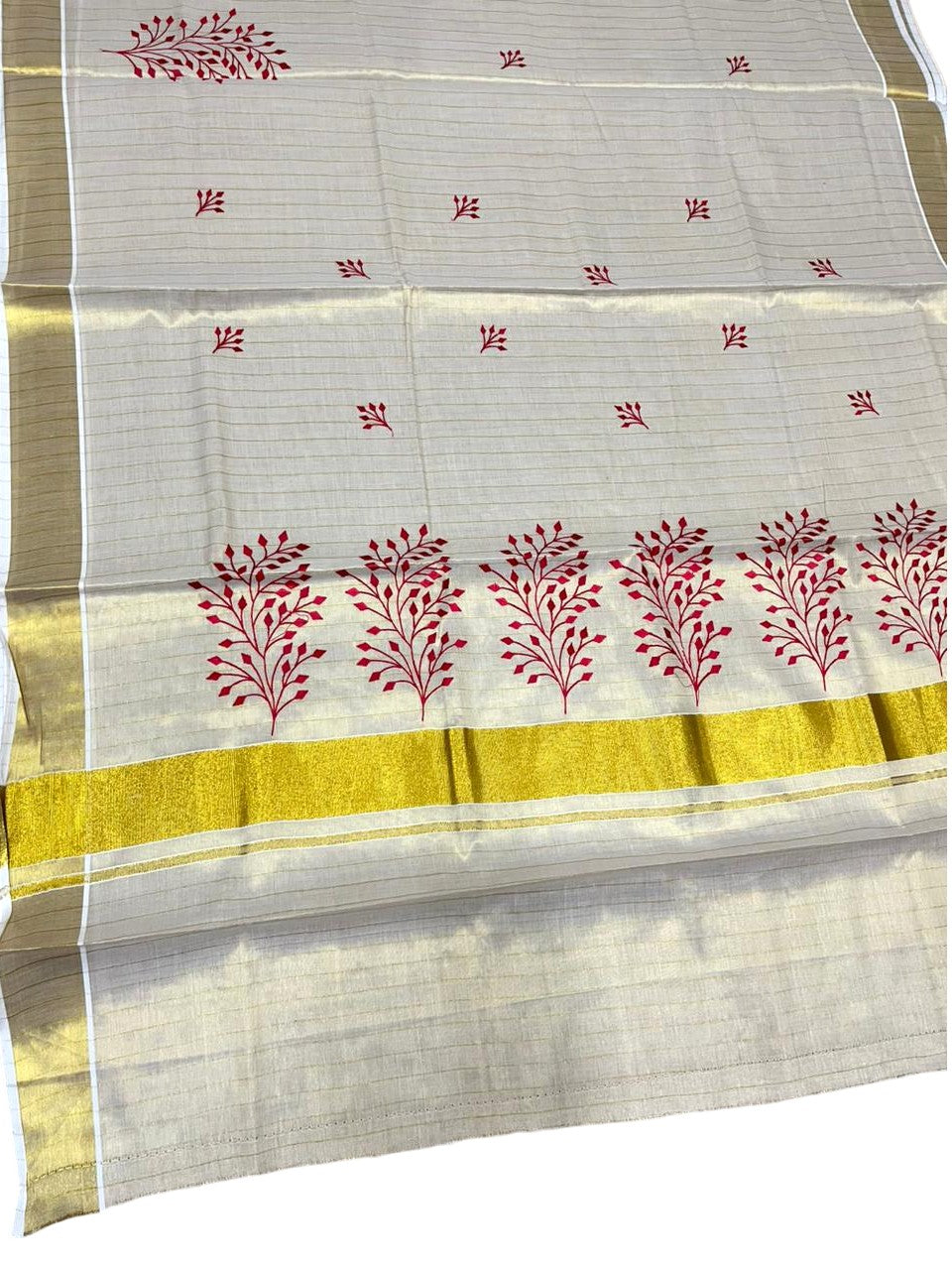 Southloom Kerala Tissue Kasavu Lines Saree with Red Floral Embroidery Design on Body