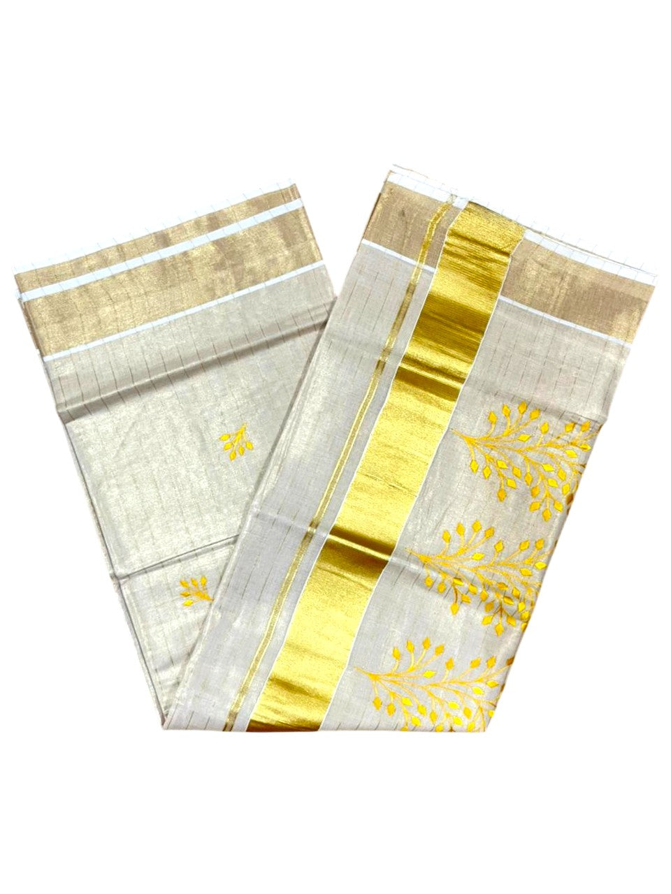 Southloom Kerala Tissue Yellow Floral  Embroidery Design on the Body With Gold Kasavu