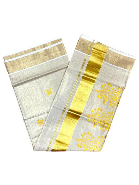Southloom Kerala Tissue Yellow Floral  Embroidery Design on the Body With Gold Kasavu