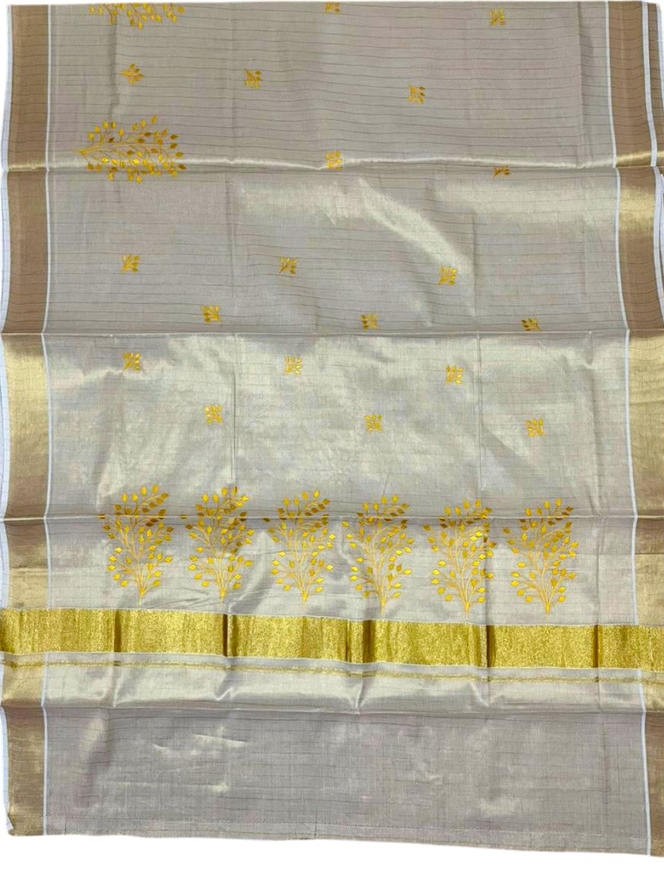 Southloom Kerala Tissue Yellow Floral  Embroidery Design on the Body With Gold Kasavu