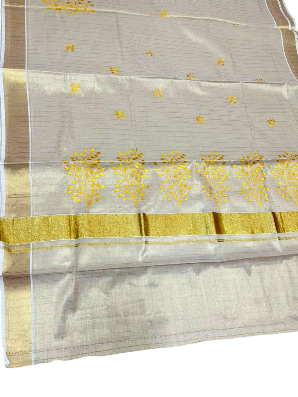 Southloom Kerala Tissue Yellow Floral  Embroidery Design on the Body With Gold Kasavu