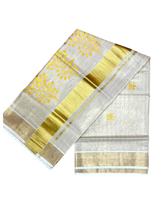 Southloom Kerala Tissue Yellow Floral  Embroidery Design on the Body With Gold Kasavu