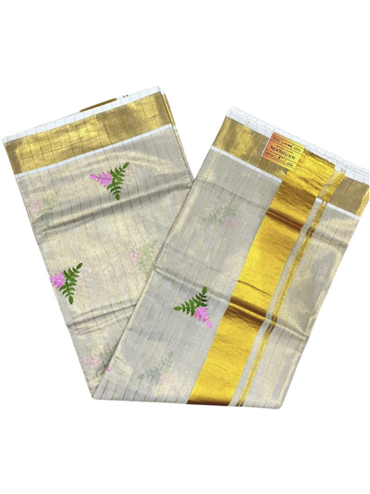 Southloom Kerala Tissue Pink And Green Floral Embroidery Design on the Body With Gold Kasavu