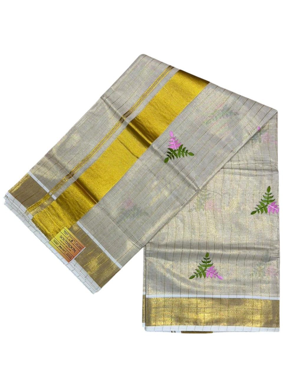Southloom Kerala Tissue Pink And Green Floral Embroidery Design on the Body With Gold Kasavu