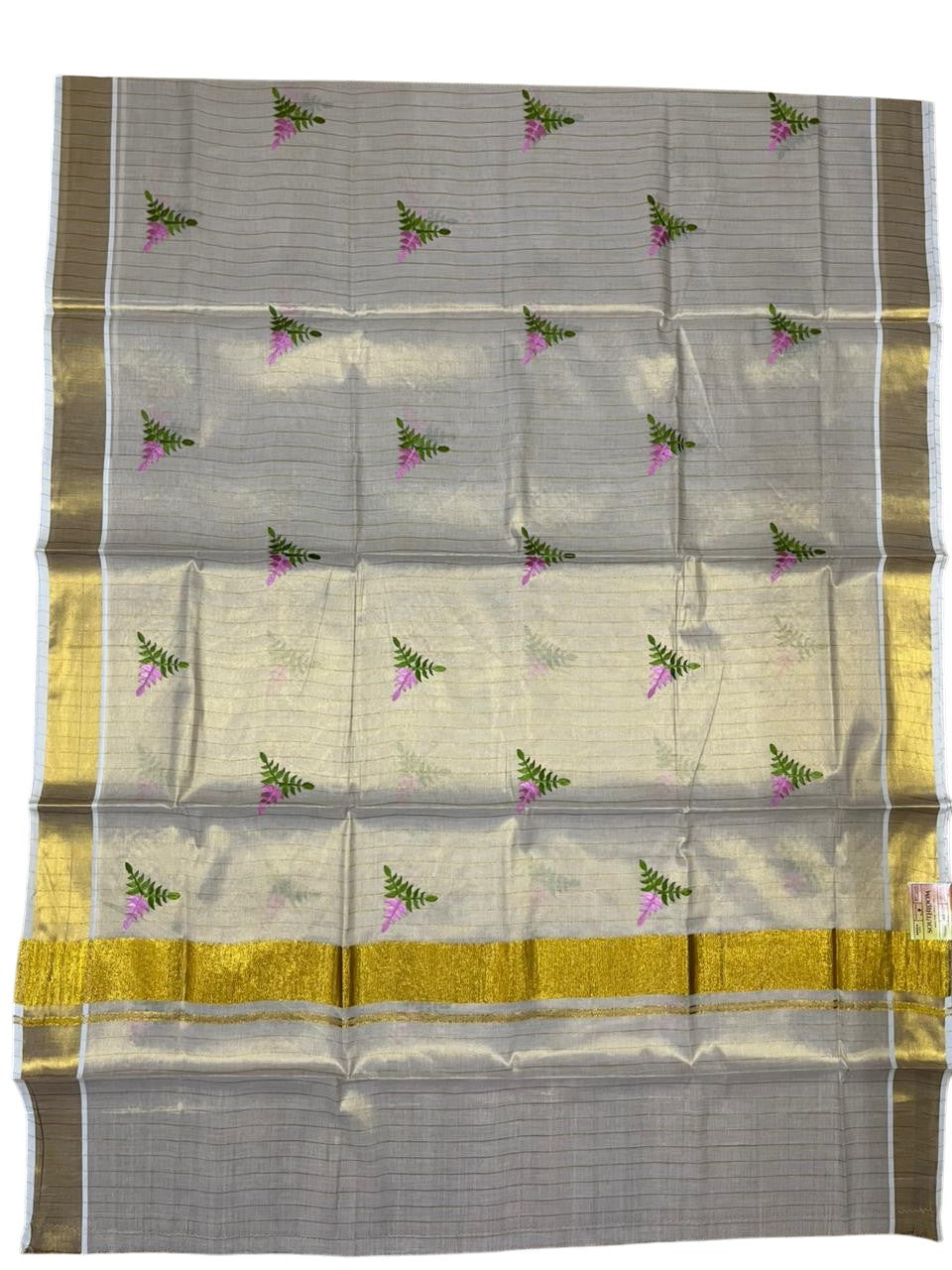 Southloom Kerala Tissue Pink And Green Floral Embroidery Design on the Body With Gold Kasavu