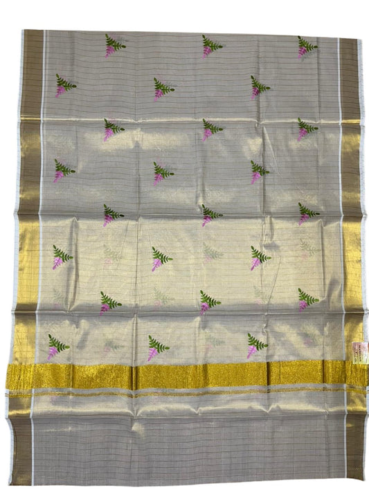Southloom Kerala Tissue Pink And Green Floral Embroidery Design on the Body With Gold Kasavu