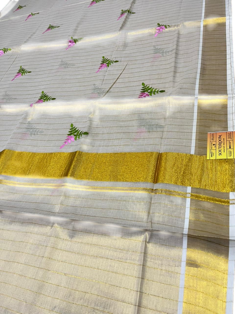 Southloom Kerala Tissue Pink And Green Floral Embroidery Design on the Body With Gold Kasavu