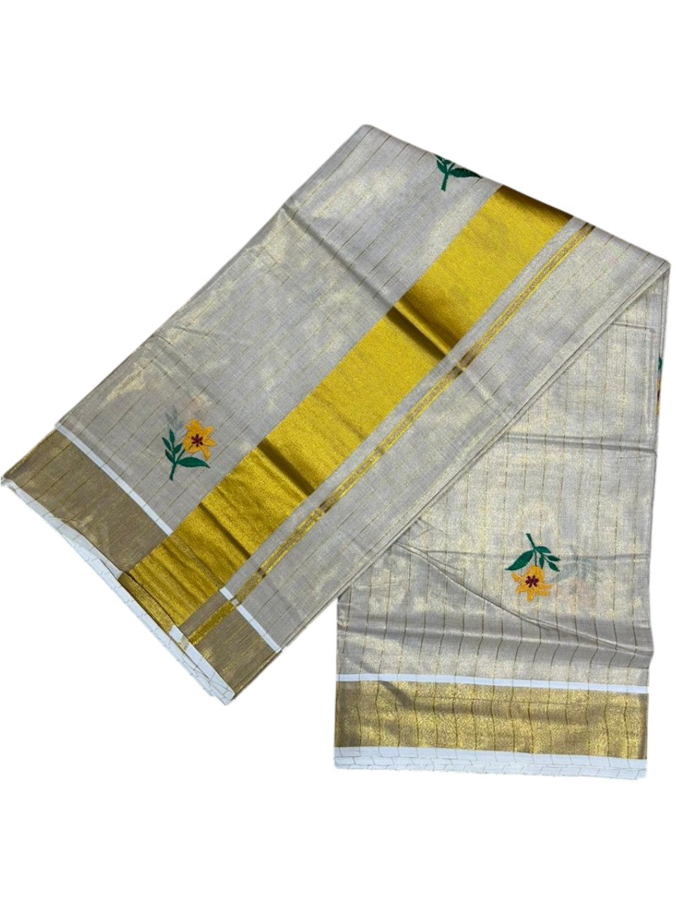 Southloom Kerala Tissue Yellow And Green Floral Embroidery Design on the Body With Gold Kasavu