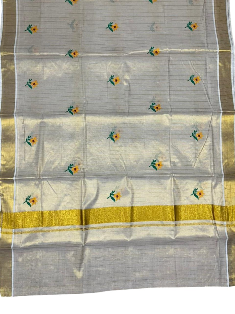 Southloom Kerala Tissue Yellow And Green Floral Embroidery Design on the Body With Gold Kasavu