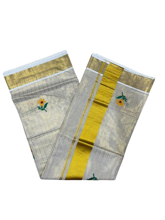 Southloom Kerala Tissue Yellow And Green Floral Embroidery Design on the Body With Gold Kasavu