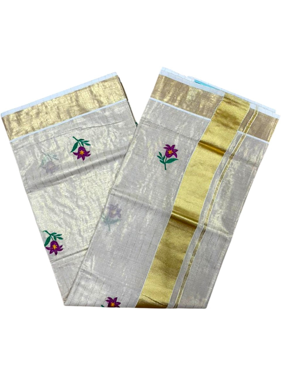 Southloom Kerala Tissue Violet And Green Floral Embroidery Design on the Body With Gold Kasavu