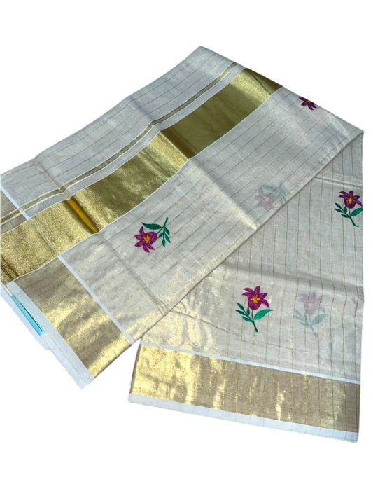 Southloom Kerala Tissue Violet And Green Floral Embroidery Design on the Body With Gold Kasavu