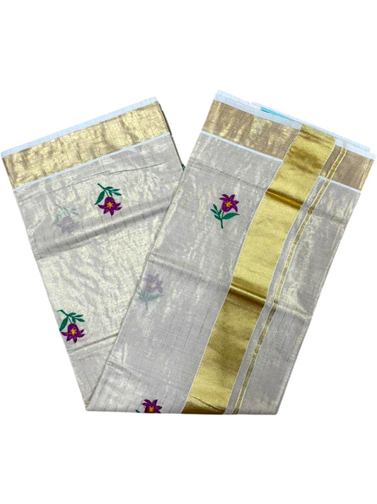Southloom Kerala Tissue Violet And Green Floral Embroidery Design on the Body With Gold Kasavu