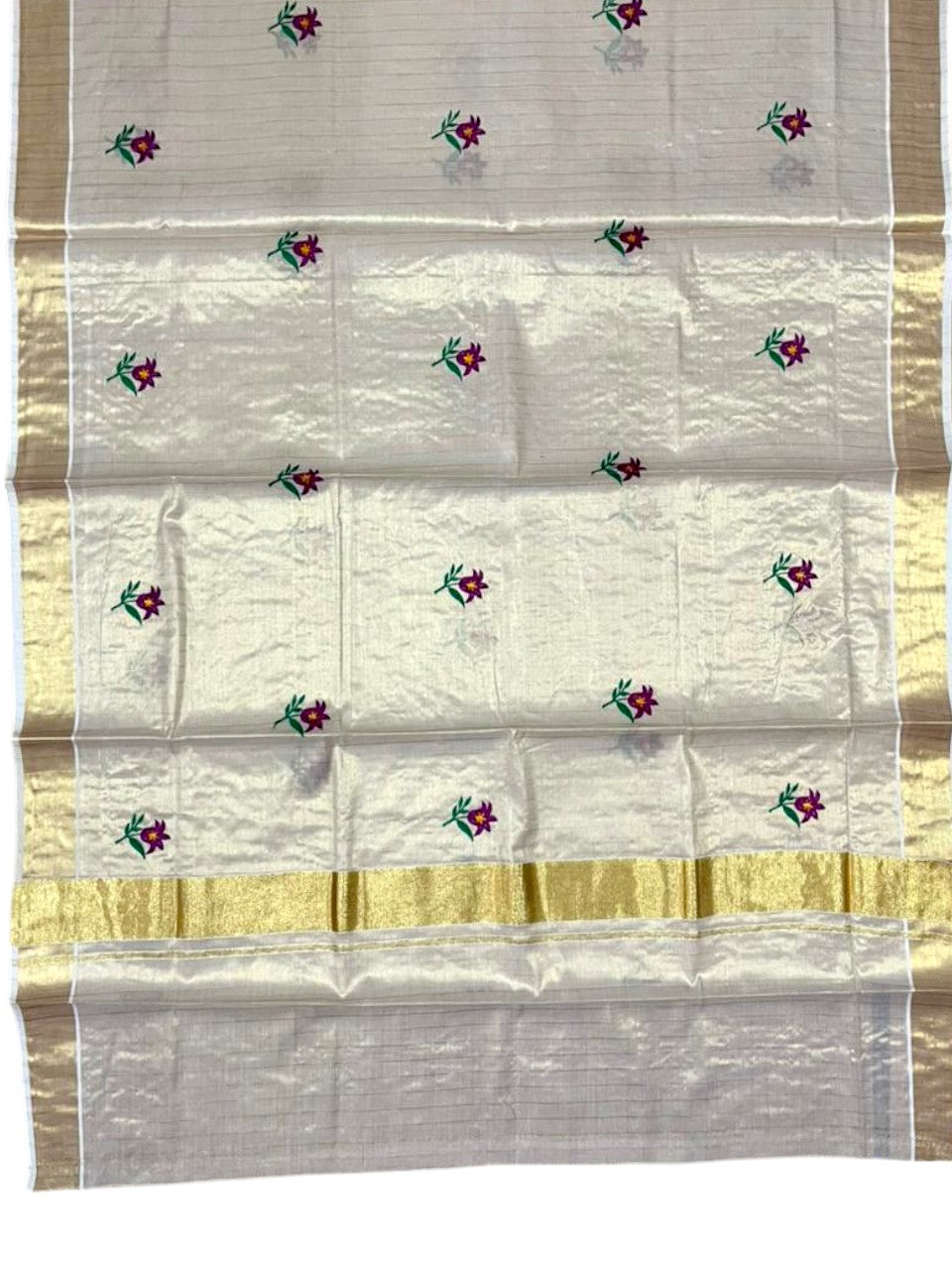 Southloom Kerala Tissue Violet And Green Floral Embroidery Design on the Body With Gold Kasavu