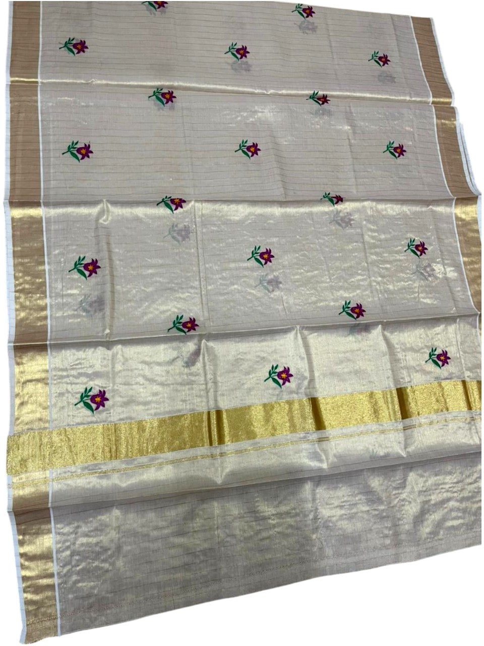Southloom Kerala Tissue Violet And Green Floral Embroidery Design on the Body With Gold Kasavu