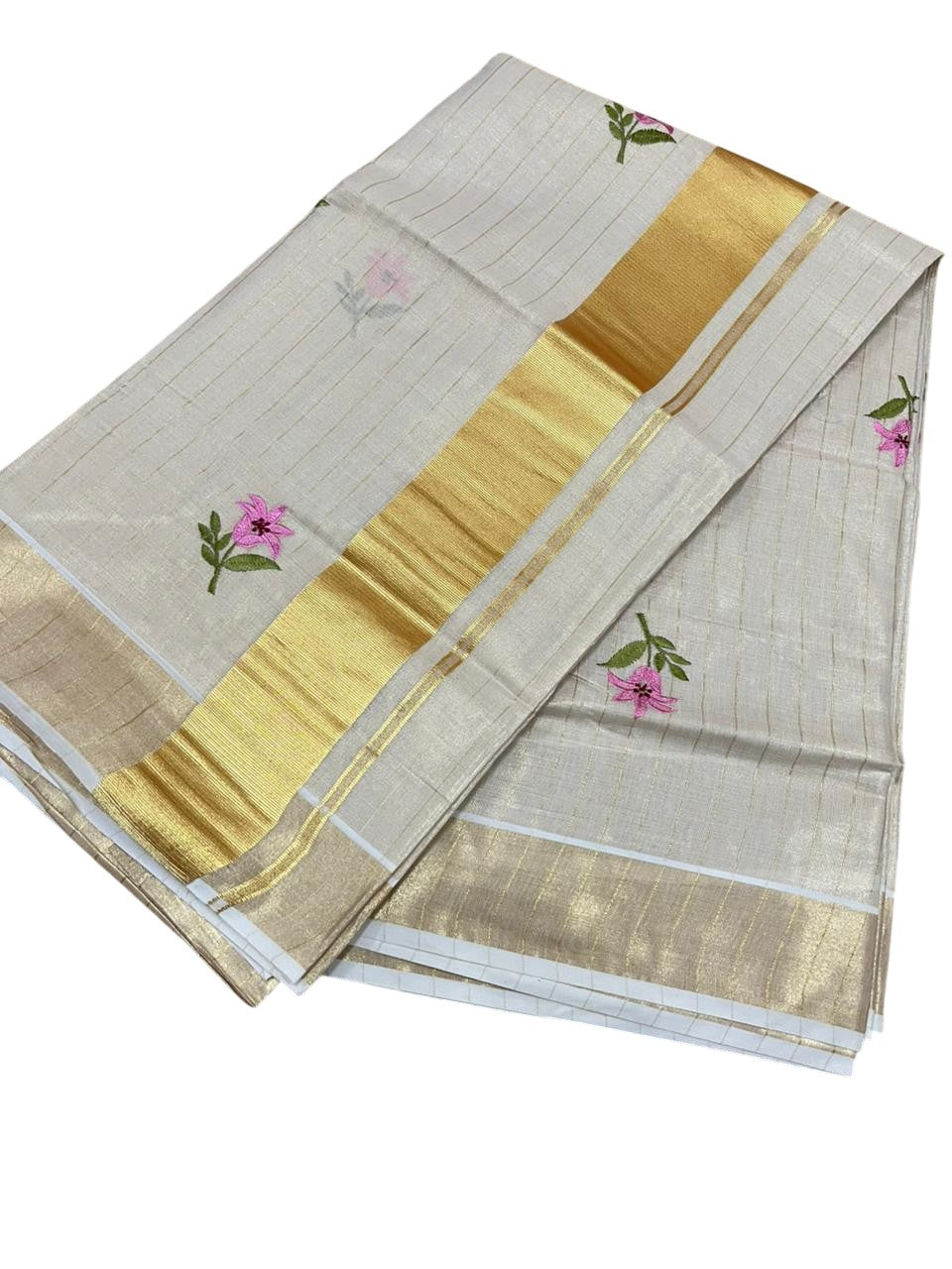Southloom Kerala Tissue Pink And Green Floral Embroidery Design on the Body With Gold Kasavu