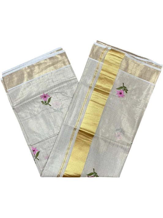 Southloom Kerala Tissue Pink And Green Floral Embroidery Design on the Body With Gold Kasavu